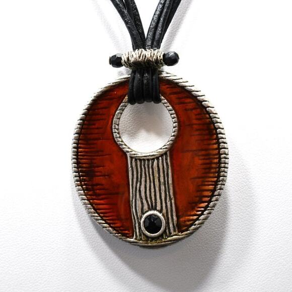 Vintage Chico's Red Enamel Pendant Leather Necklace, 21 Inches - Picture 6 of 8